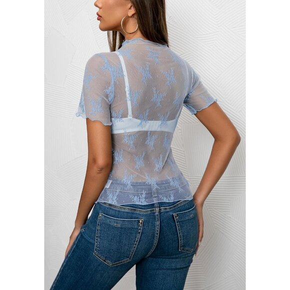 🆕Women's Light Blue Mesh Lace Floral Sheer Long Sleeve Mock Neck Sexy Top - Picture 5 of 6